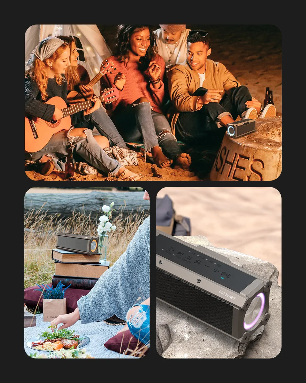 Originale BW-WA3-Lifestyle-Fotos, die Musikhören im Freien und physische Bedienelemente zeigen