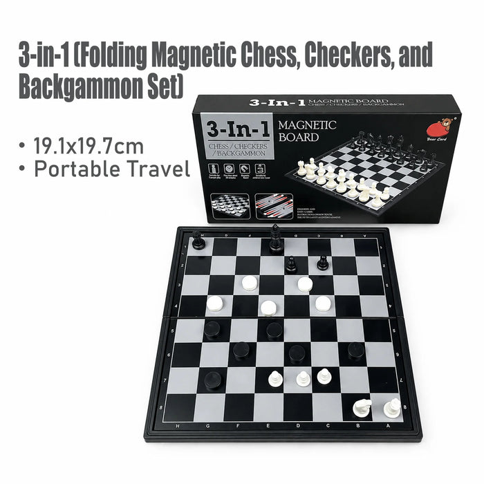 3-in-1 Folding Magnetic Chess, Checkers & Backgammon – 19.1 x 19.7cm Travel Set