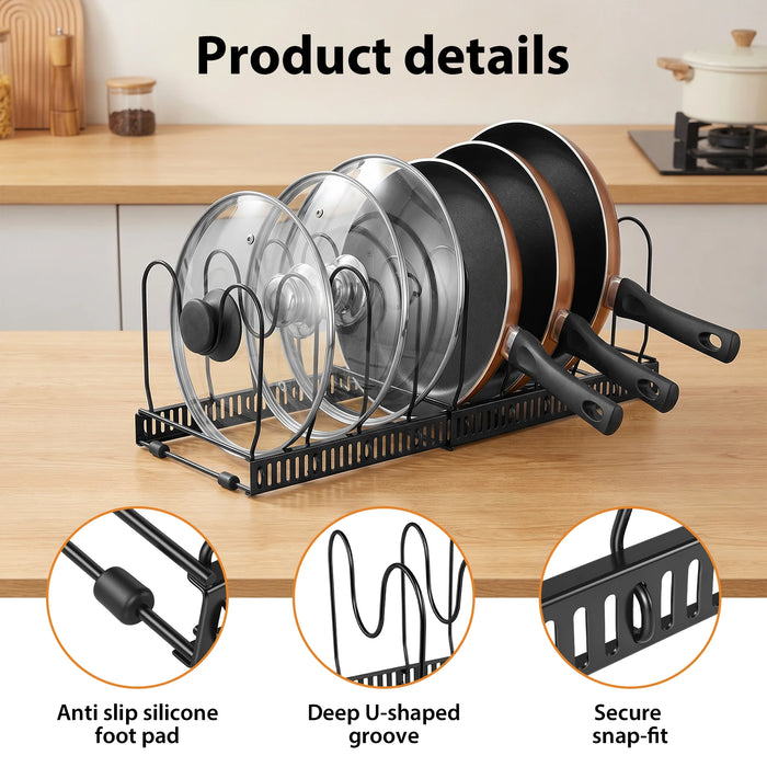Expandable Pan Organiser Rack with 10 Adjustable Dividers — Pot Lid Holder for Kitchen Cupboards
