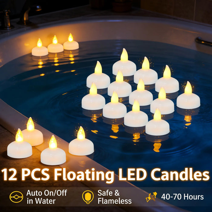 12-Pack LED Floating Tea Lights — Waterproof Flameless Flicker