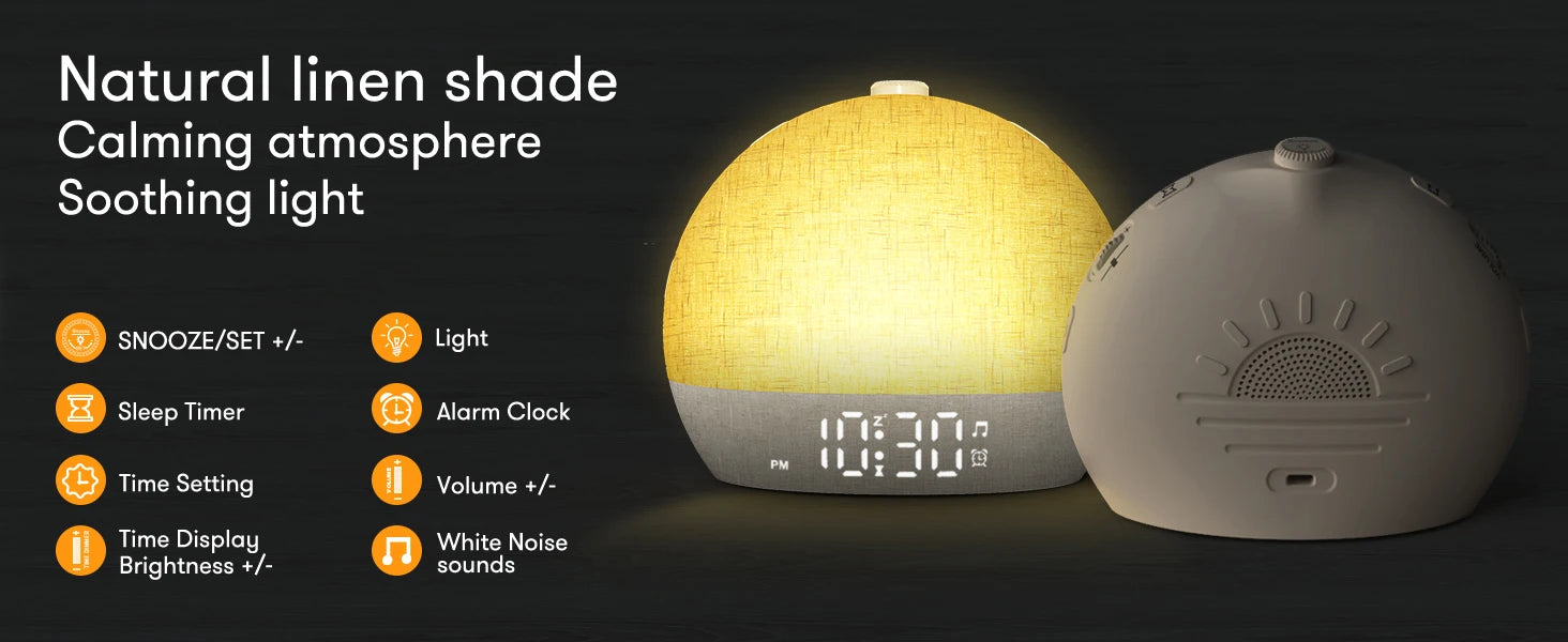 Wake-Up Sunrise Alarm Clock — 30 White-Noise Sounds, Dimmable RGB Night Light