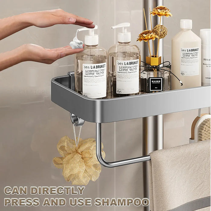 Punch-Free Shower Caddy (Single or Double) — Space Aluminium Shelf with Optional Towel Rail