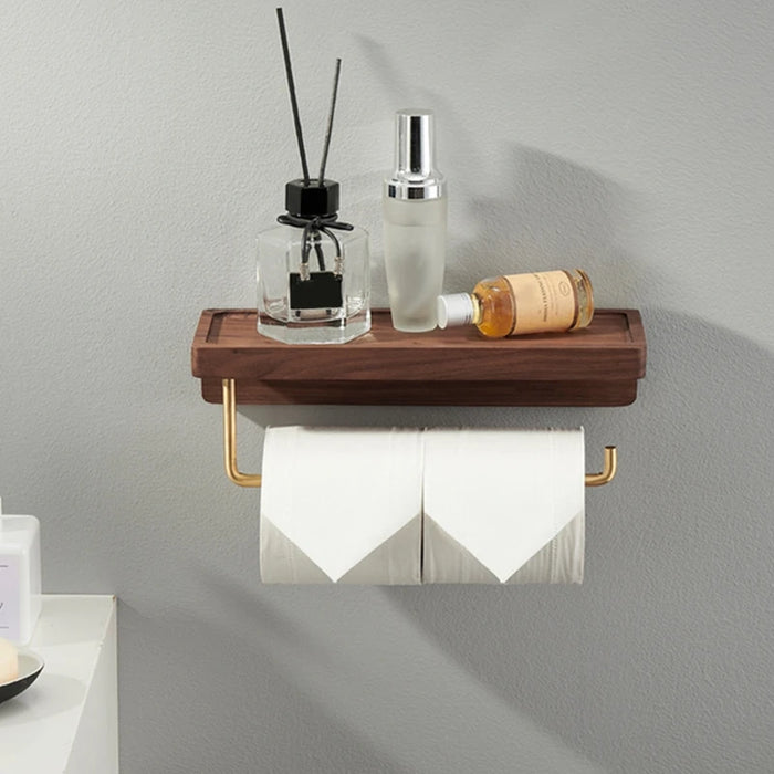 Wall-Mounted Toilet Roll Holder with Wood Shelf and Brass Fittings – Single Roll