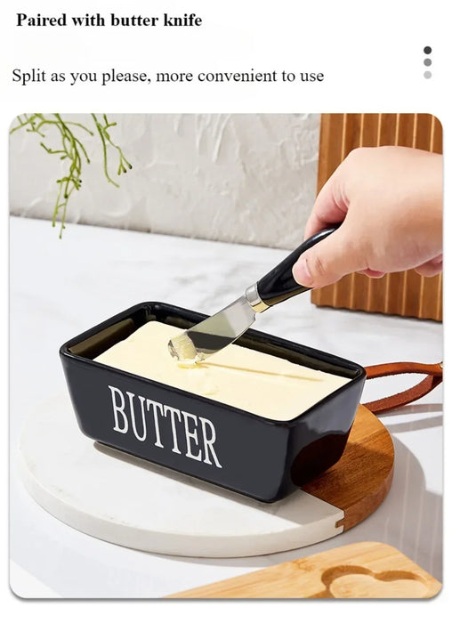 Ceramic Butter & Cheese Storage Box with Bamboo Lid and Knife — 14.8×8.5×6cm