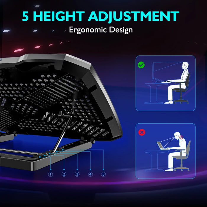 Laptop Cooling Pad 12–17 inch — 5 Quiet Fans, Adjustable Angles & Phone Holder
