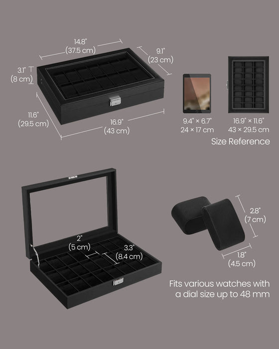 Lockable Watch Box – 24 Slots with Glass Lid, Velvet-Lined Storage Case