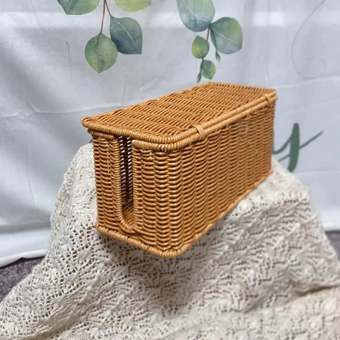 Rattan Cable Management Box – Hand‑woven Cord Organiser, 2‑Slot, Large Capacity (Khaki)