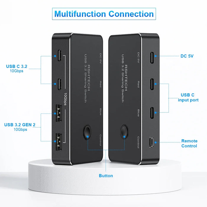 RSHTECH USB‑C KVM Switch RSH‑A201C — 2 Computers, 4 USB Devices, Controller