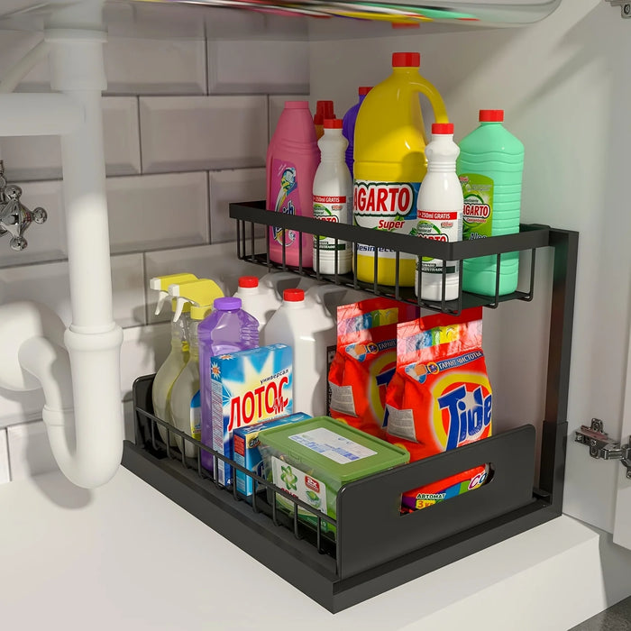 Under-Sink Pull-Out Organiser — 2-Tier Slide-Out Metal Shelf (White or Black)