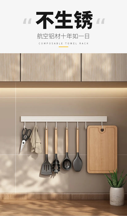 No-Punch Wall-Mounted Kitchen Rack with Movable Hook Spoon Holder — White Aluminium