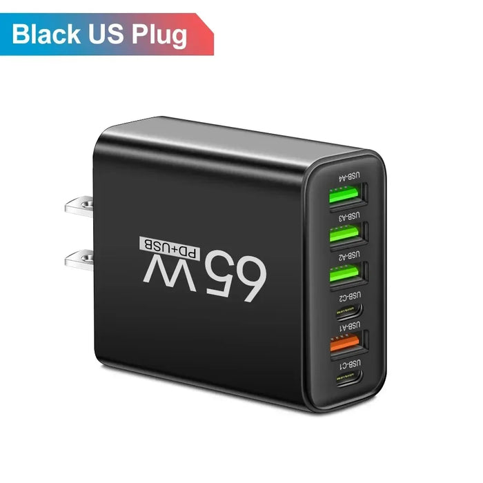 65W 6-Port USB PD Charger – 2x USB‑C PD + 4x USB Fast Wall Charger (EU/US)
