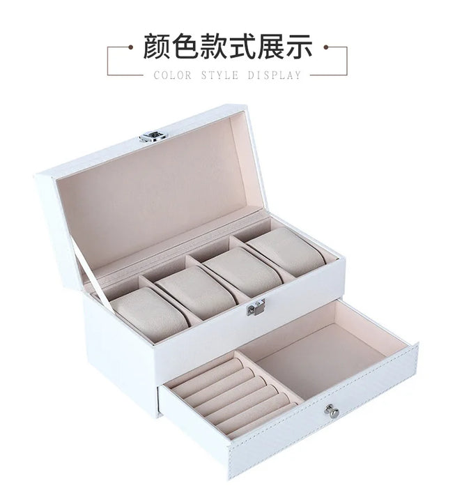 4‑Position Double‑Layer PU Leather Jewellery & Watch Storage Box
