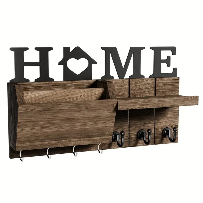 Rustic Wooden Wall-Mounted Organiser with Shelf and 7 Hooks