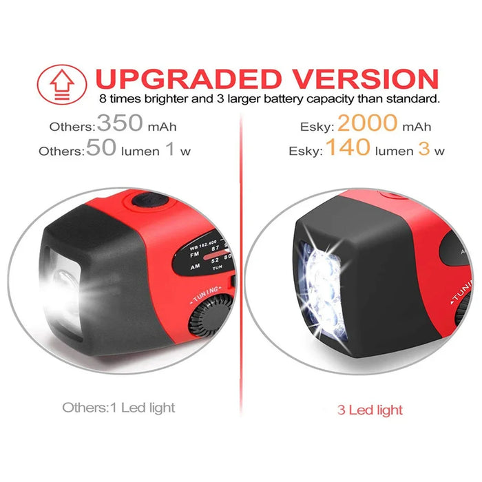 2000mAh Hand‑Crank Emergency Radio with LED Torch, USB & Solar Charging