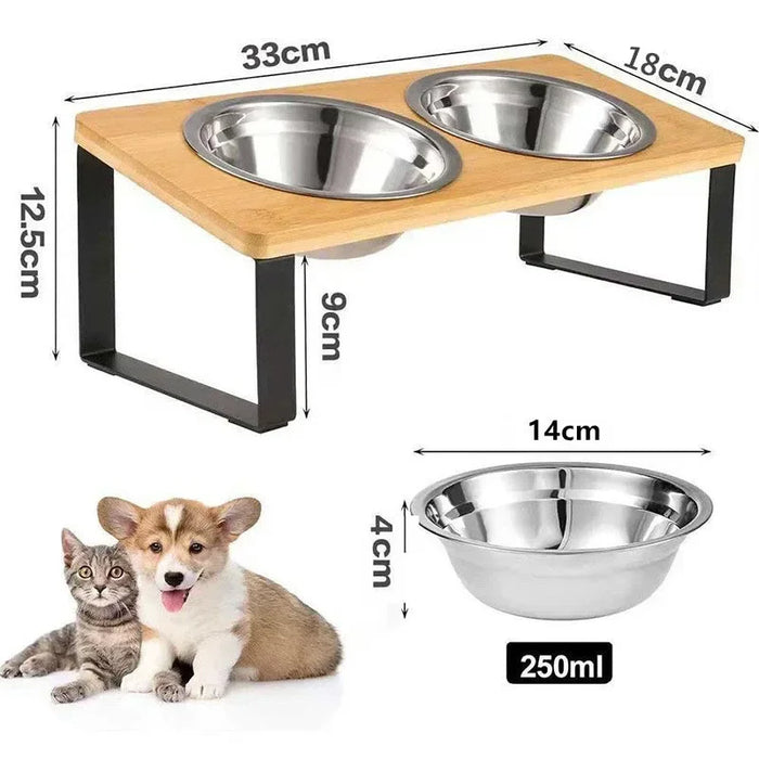 Elevated Wooden Pet Bowl Stand — 15° Tilt, Stainless Steel Double Bowls