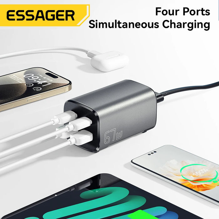 67W GaN USB‑C Desktop Charger — PD/QC Fast Charging, 2C+2A Ports for MacBook, Samsung, iPhone 15