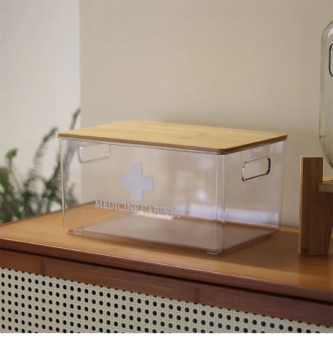 Reusable Plastic Medicine Box with Bamboo-style Cover — Black, Solid-colour