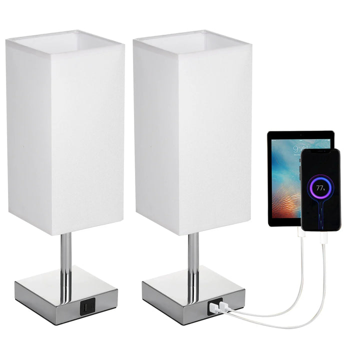 Lampa stołowa z abażurem z tkaniny - ciepła biała żarówka LED, sterowanie dotykowe, lampa biurkowa, porty ładowania USB A i Type-C - idealna na stoliki nocne, biurka i miejsca do nauki