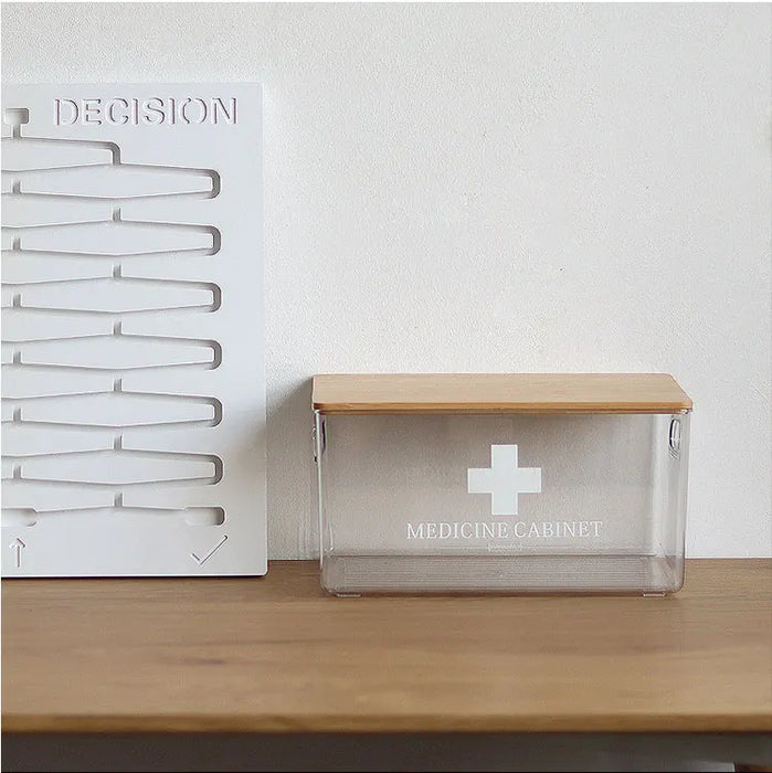 Reusable Plastic Medicine Box with Bamboo-style Cover — Black, Solid-colour