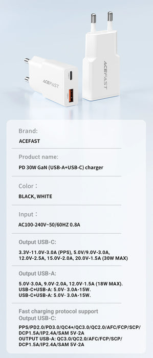 ACEFAST 30W GaN USB-C Fast Charger (EU Plug) – USB-C + USB-A PD/QC Travel Adapter