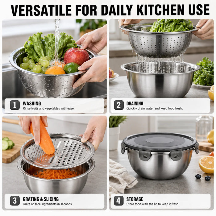 4-in-1 Stainless Steel Mixing Bowl Set – Grater Lid, Colander & Airtight Cover (Stovetop Safe)
