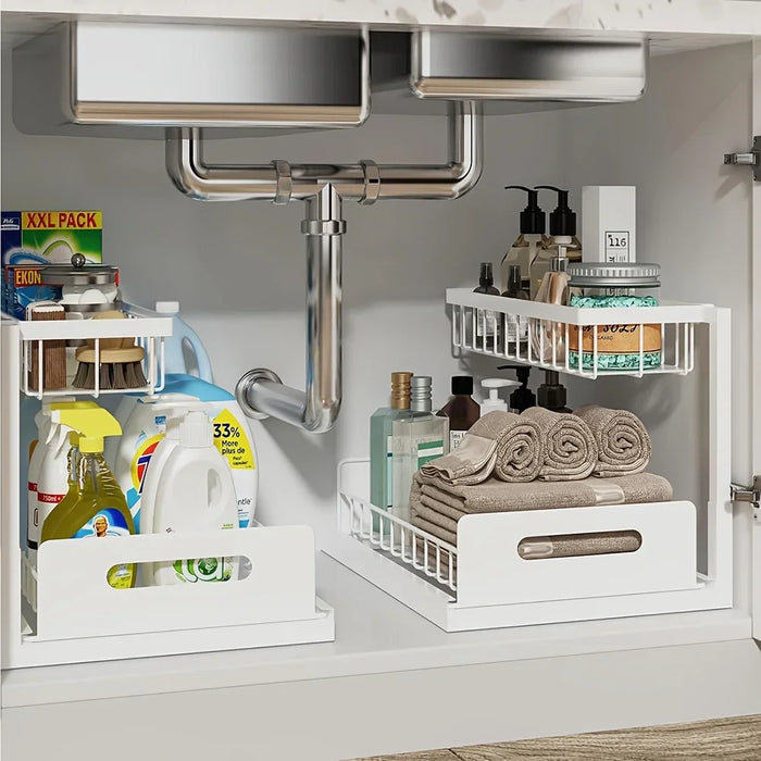 Metal Pull-Out Under-Sink Organiser with Sliding Shelf — Kitchen Storage (White/Black)