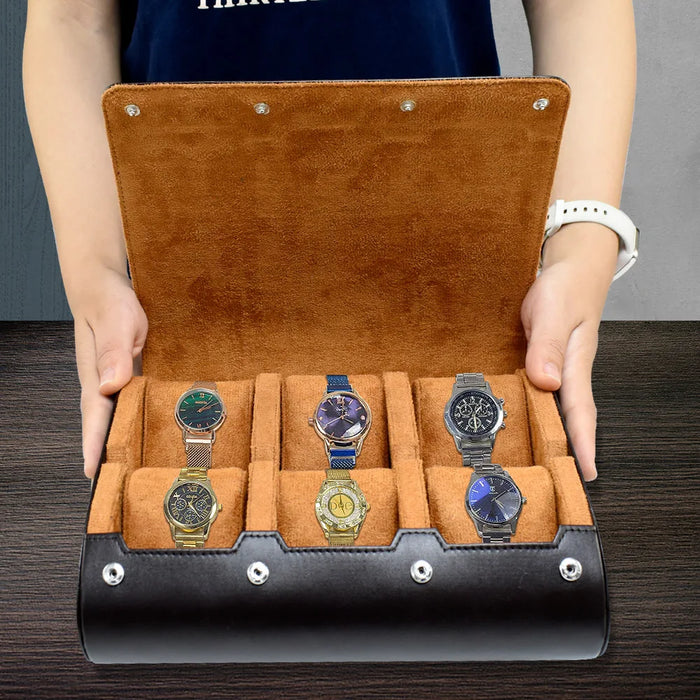 6-Slot PU Leather Watch Travel Case – Roll Organiser for Men & Women