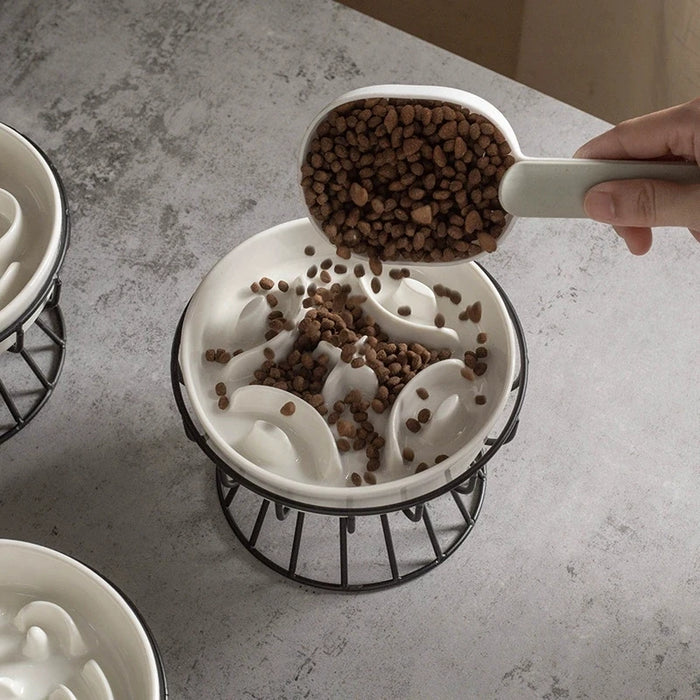 Elevated Ceramic Slow Feeder Bowl — Anti‑Choking Maze with Iron Stand