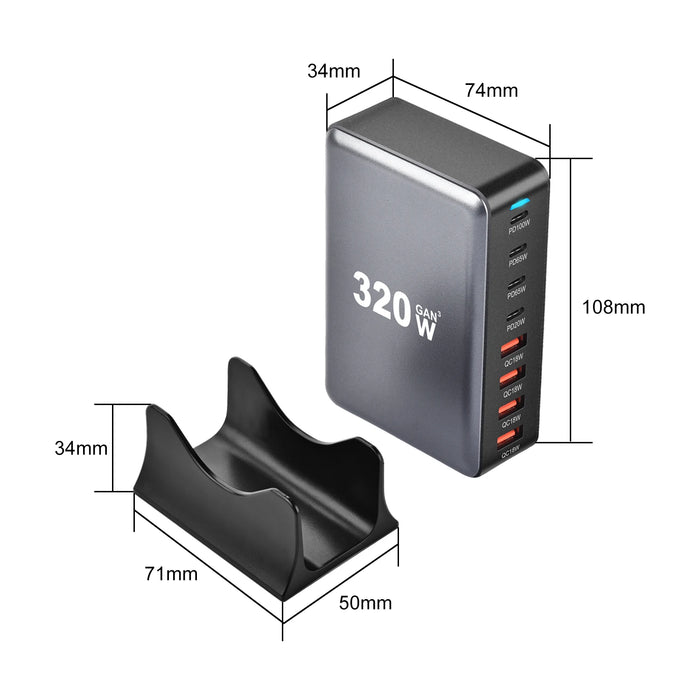 320W GaN Desktop Charger — 8‑Port USB‑C & USB‑A PD Station (Model 4C4A)