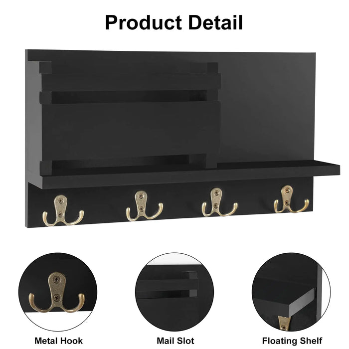 Wooden Wall-Mounted Key and Mail Holder — Rustic Letter Sorter with 4 Hooks