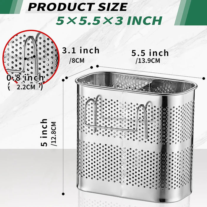 Stainless Steel Cutlery & Chopstick Drainer – 2-Compartment Utensil Holder with Hooks