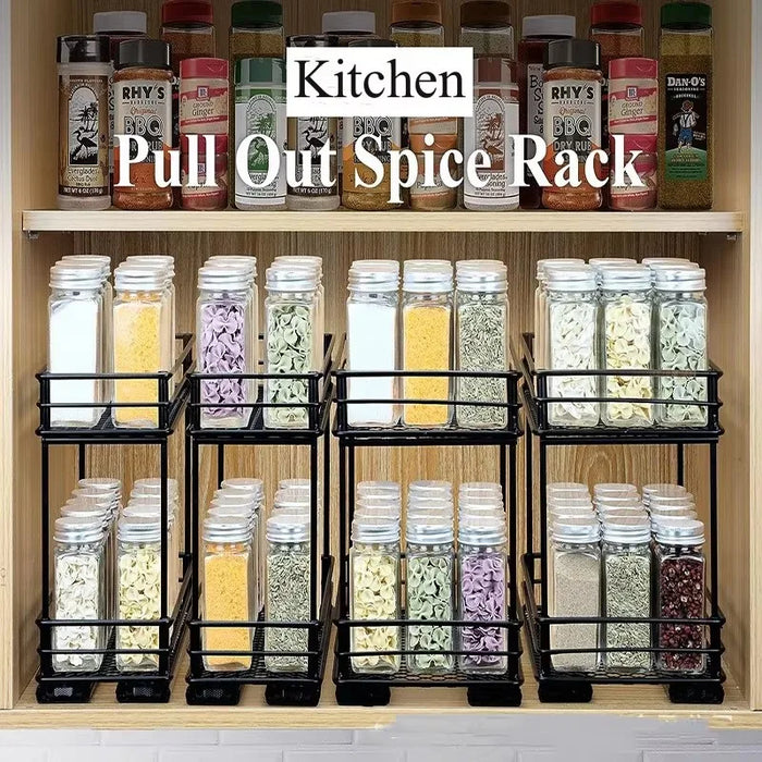 2-Tier Pull-Out Steel Spice Rack – Heavy-Duty Dual-Slide Cabinet Organiser