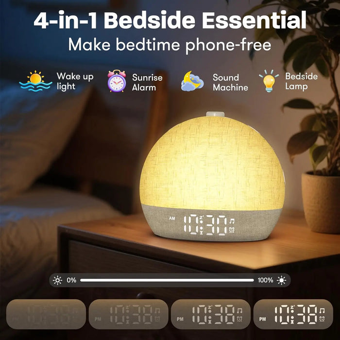 Wake-Up Sunrise Alarm Clock — 30 White-Noise Sounds, Dimmable RGB Night Light
