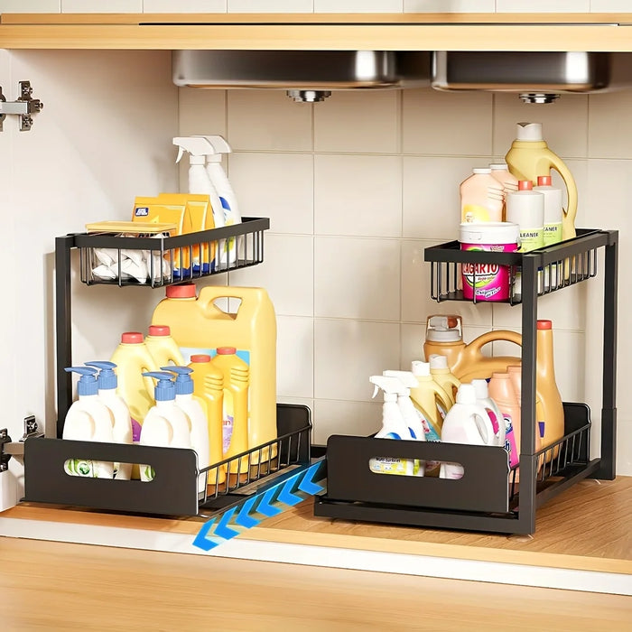 Metal Pull-Out Under-Sink Organiser with Sliding Shelf — Kitchen Storage (White/Black)