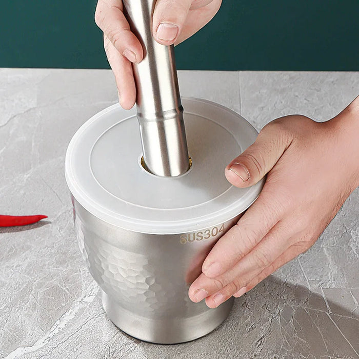 Stainless Steel Garlic Crusher with Covered Bowl — Manual Grinder for Garlic, Herbs & Spices
