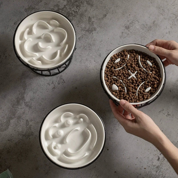 Elevated Ceramic Slow Feeder Bowl — Anti‑Choking Maze with Iron Stand