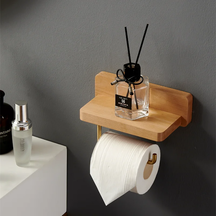 Wall-Mounted Toilet Roll Holder with Shelf — Brass & Wood, Stainless Steel