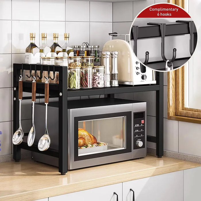 Rustproof Adjustable Kitchen Storage Rack 40–60cm with Hooks — Space‑saving Microwave Shelf