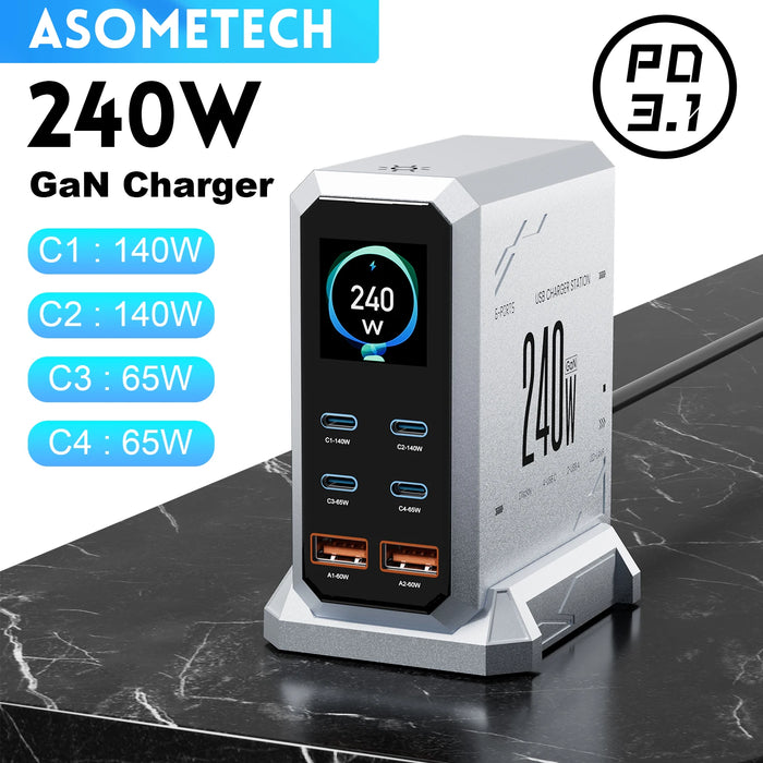 240W GaN Desktop Charger — 6‑Port (4×USB‑C, 2×USB‑A), 140W PD3.1 & PPS