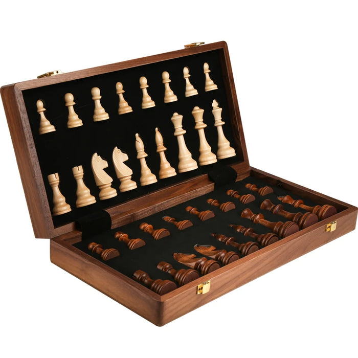 15" x 15" Folding Walnut Chess Set with Solid Wooden Pieces