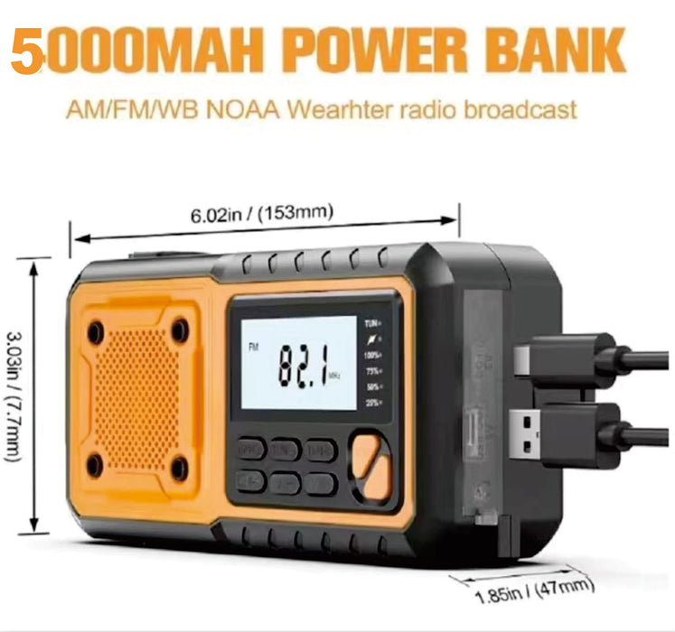5000mAh Emergency Hand Crank Radio — AM/FM/SW, Solar, USB & NOAA Alerts