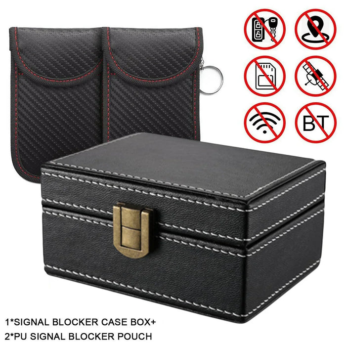 2x PU Signal-Blocking Pouches + Wooden Faraday Box | Car Key Fob RFID Security