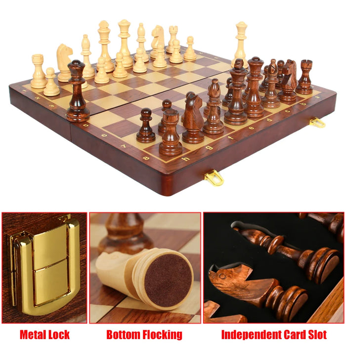 15" x 15" Folding Walnut Chess Set with Solid Wooden Pieces