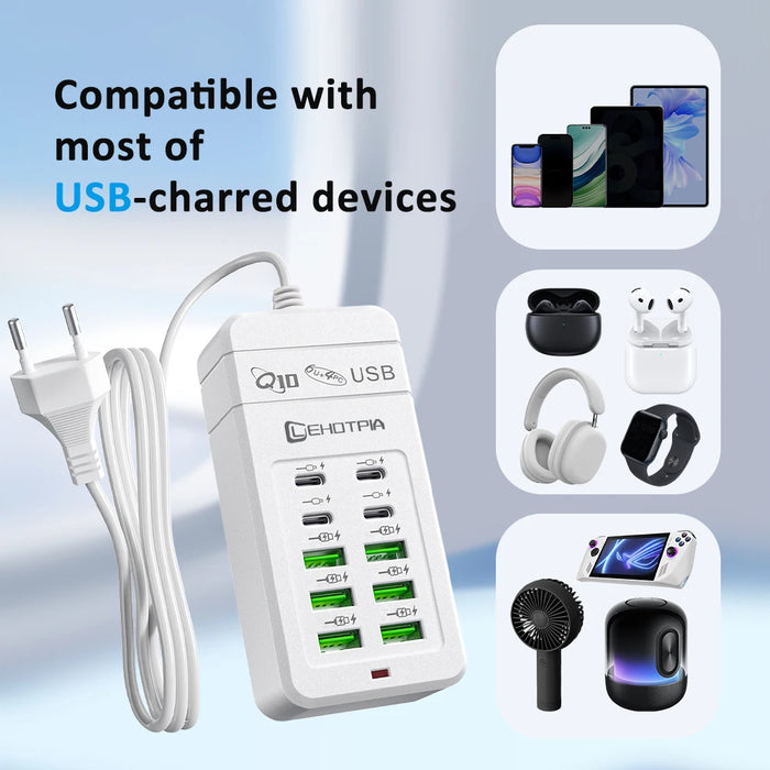 6x USB-A & 4x USB-C Multi‑Plug USB Charger with 1.2m Cord — EU/UK/US