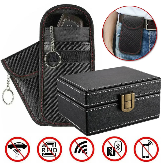 2x PU Signal-Blocking Pouches + Wooden Faraday Box | Car Key Fob RFID Security