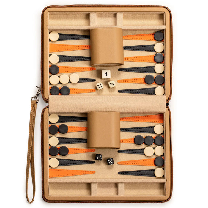 Travel Chess & Backgammon Set with Acrylic Pieces in Leather Case, 25 x 19 x 6 cm