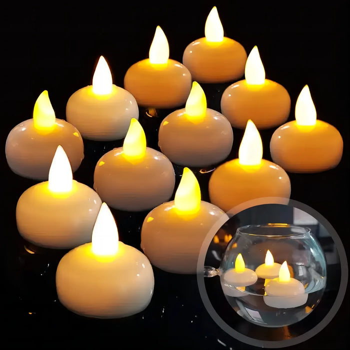 12-Pack LED Floating Tea Lights — Waterproof Flameless Flicker