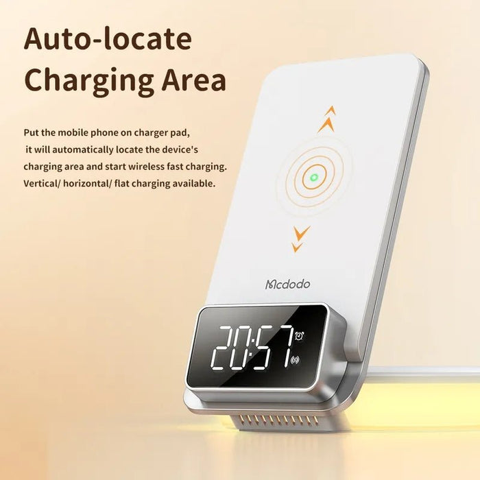 MCDODO CH-1610 - 4-in-1 Desktop Wireless Charger with Alarm Night Lamp, Digital Display, Multi-Functional and Foldable Charging Station - Perfect for Nightstand Organization and Efficient Charging Needs - Shopsta EU