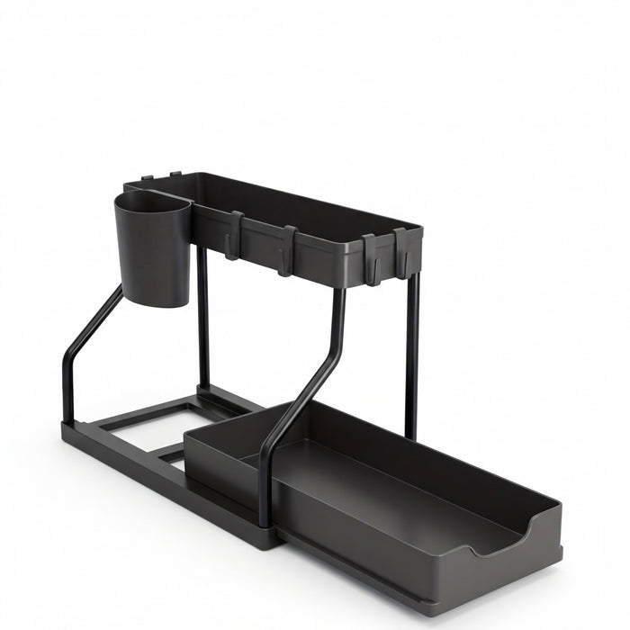 2-Tier Pull-Out Drawer Organiser — Foldable Plastic Storage for Kitchen & Bathroom