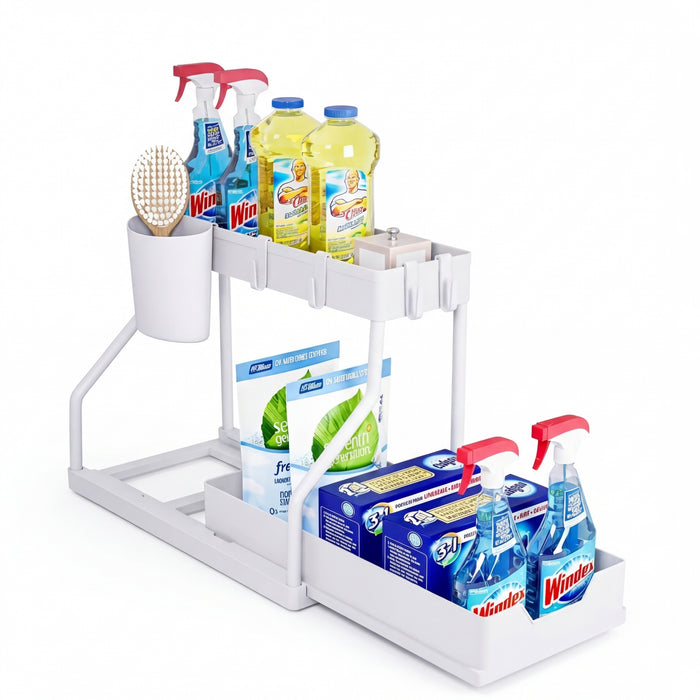 2-Tier Pull-Out Drawer Organiser — Foldable Plastic Storage for Kitchen & Bathroom